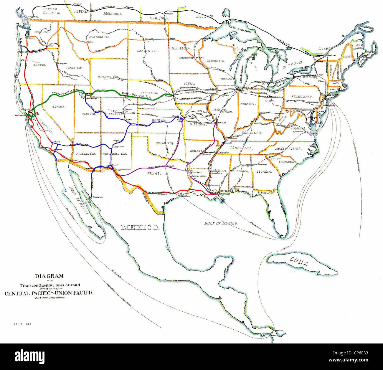 Zusammenfassung der digitalen Restaurierung der Karte von 1887 mit dem Titel Diagramm der transkontinentalen Linien der Straße zeigt die Original Central Pacific und Union Pacific und ihre Konkurrenten. Stockfoto