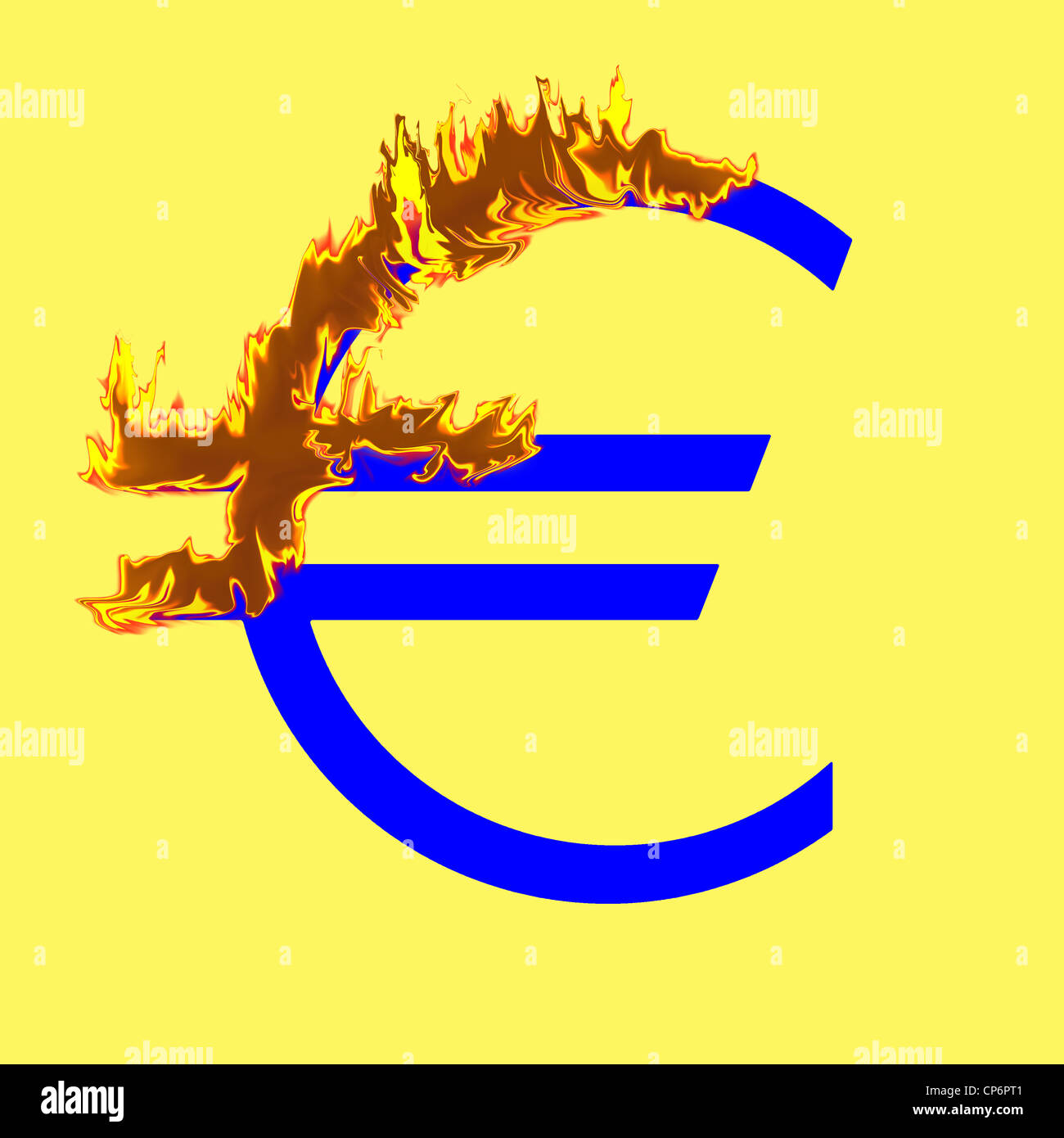 Konzept - Eurozeichen in Flammen. Eine Metapher für die Währungskrise in der EU. Stockfoto