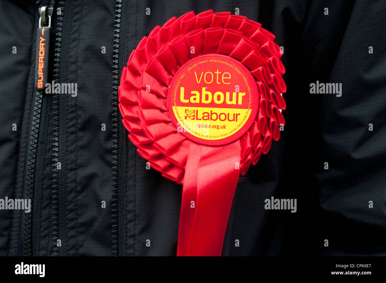 May3rd 2012 London Wahl. Columbia Road Polling Zentrum. Mann trägt Labour Party rosette Stockfoto
