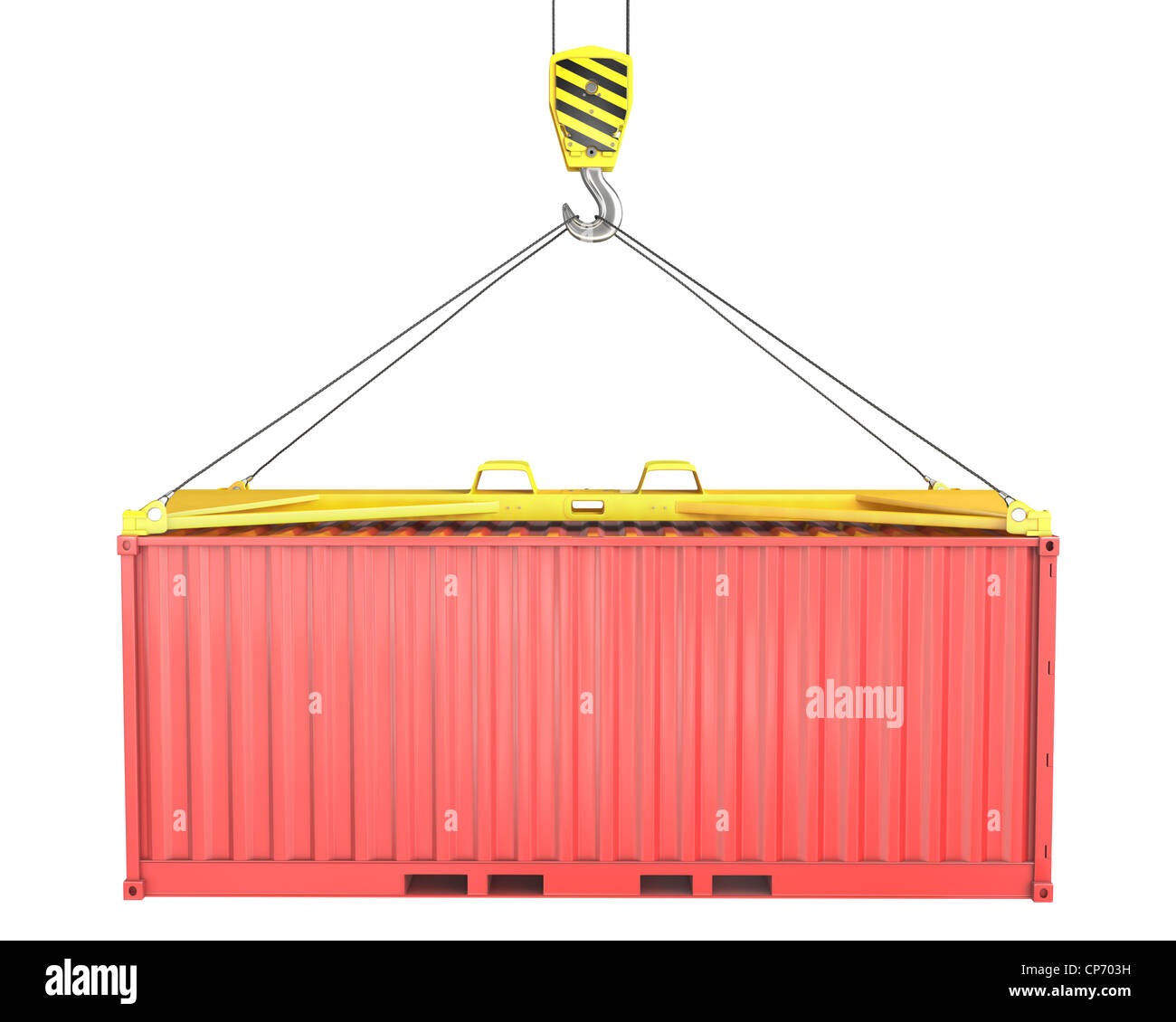 Frachtcontainer gehisst auf Container Spreader, isoliert auf weißem Hintergrund Stockfoto