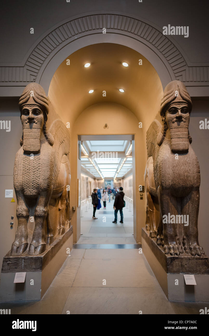 Assyrische geflügelten Stiere aus Khorsabad, British Museum, London, England. Hochauflösendes Bild genommen mit Carl Zeiss® Objektiv. Stockfoto
