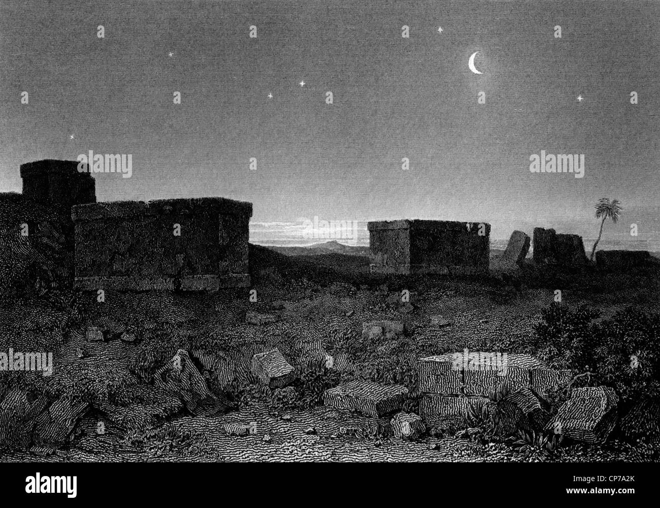 Antiken griechischen Sarkophag auf Ebenen von Plataiai oder Plataeae in der Nacht. Stockfoto