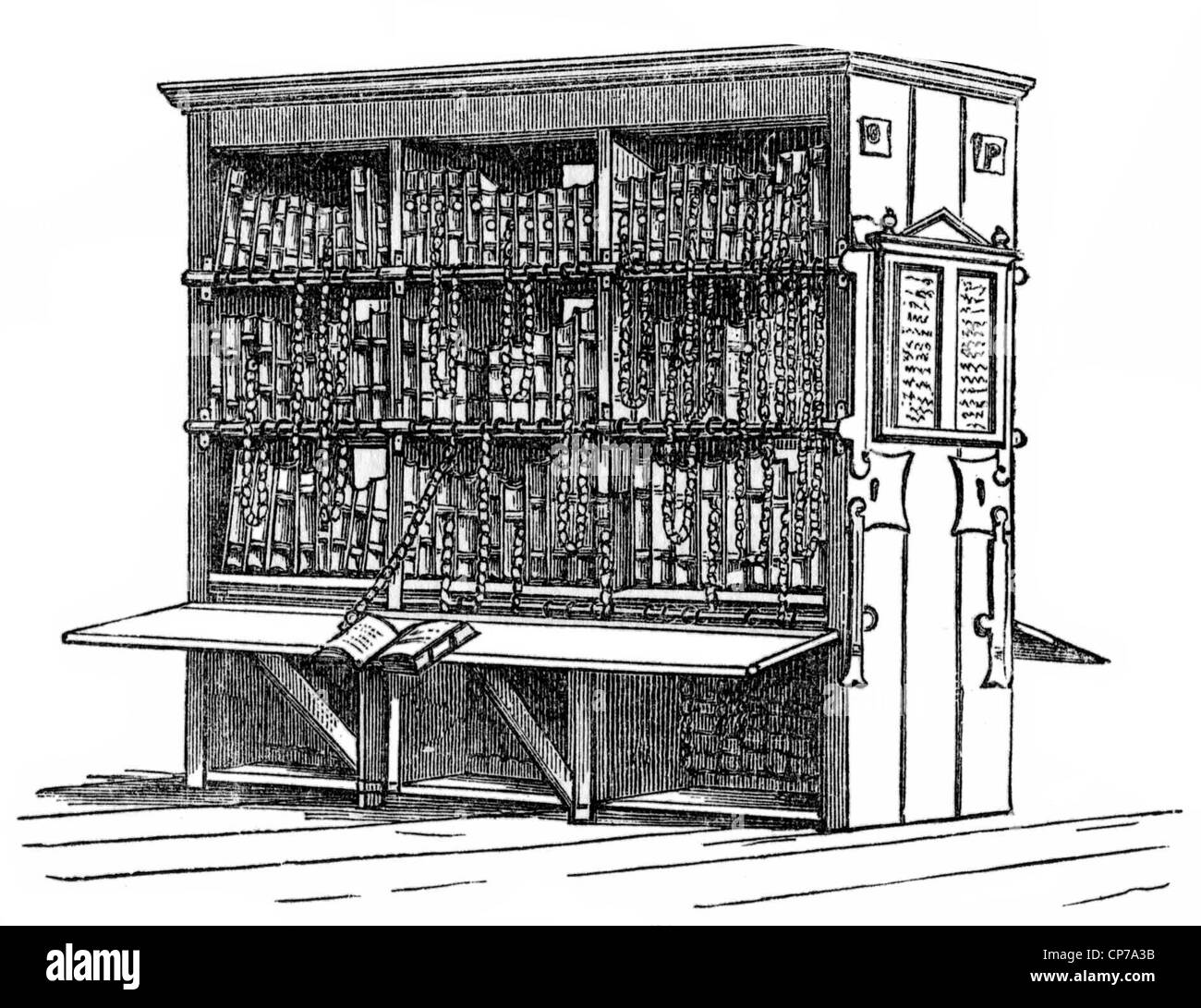 Kupferstich von antiken Bücherregal auf weißem Hintergrund. Stockfoto
