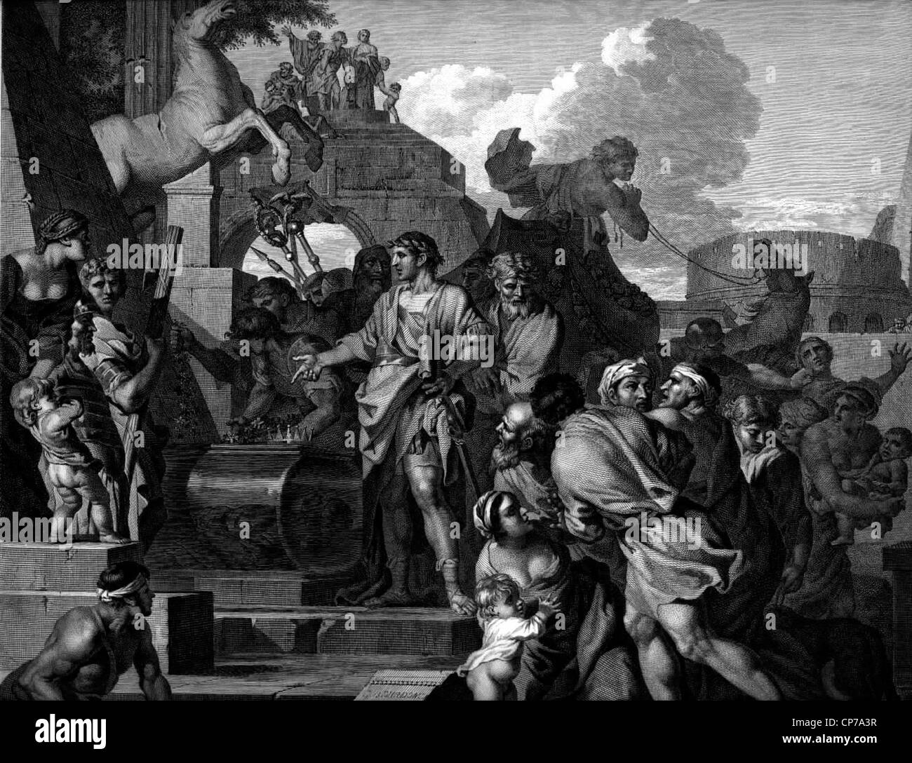 Kupferstich von Fragonard des Augustus (Octavian) Besuch Alexanders Grab in Alexandria aus original-Gemälde von Sebastien Bourdo Stockfoto