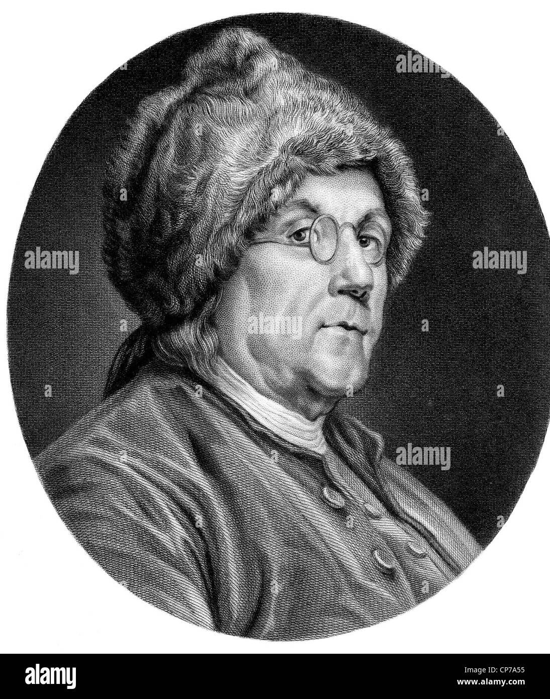 Porträt des amerikanischen Gründervater Benjamin Franklin im Pelz Kappe, weißen Hintergrund. Aus einer kohlensaueren Legierung Gravur. Stockfoto