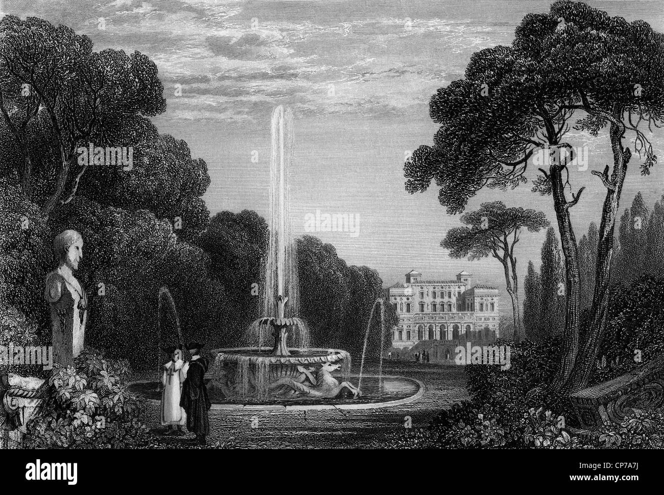 Malerische Aussicht auf Borghese Palace mit Springbrunnen im Vordergrund, Rom, Italien. Gestochen von William Miller im Jahre 1831. Stockfoto