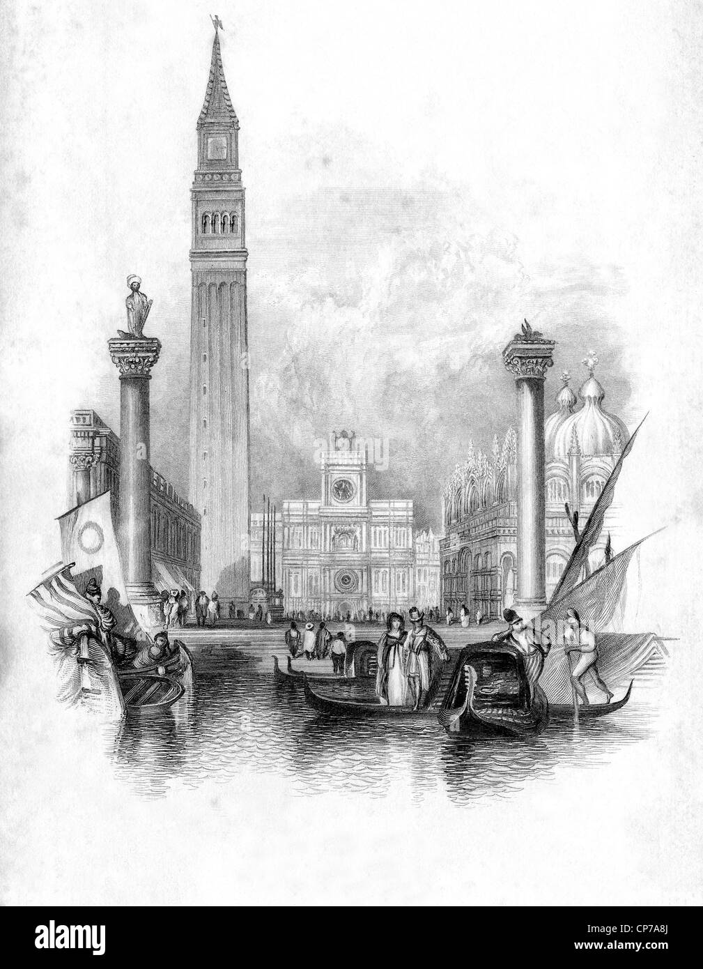 Vignette von Campanile der Markusplatz in Venedig mit Gondeln im Vordergrund, Italien. Gestochen von William Miller im Jahre 1836. Stockfoto