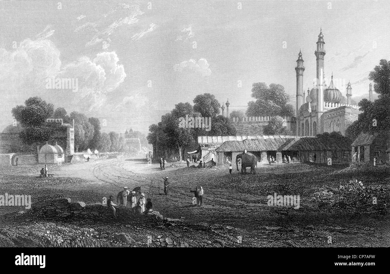 Malerische Aussicht auf die Stadt Delhi in Indien. In 1833 eingraviert. Stockfoto