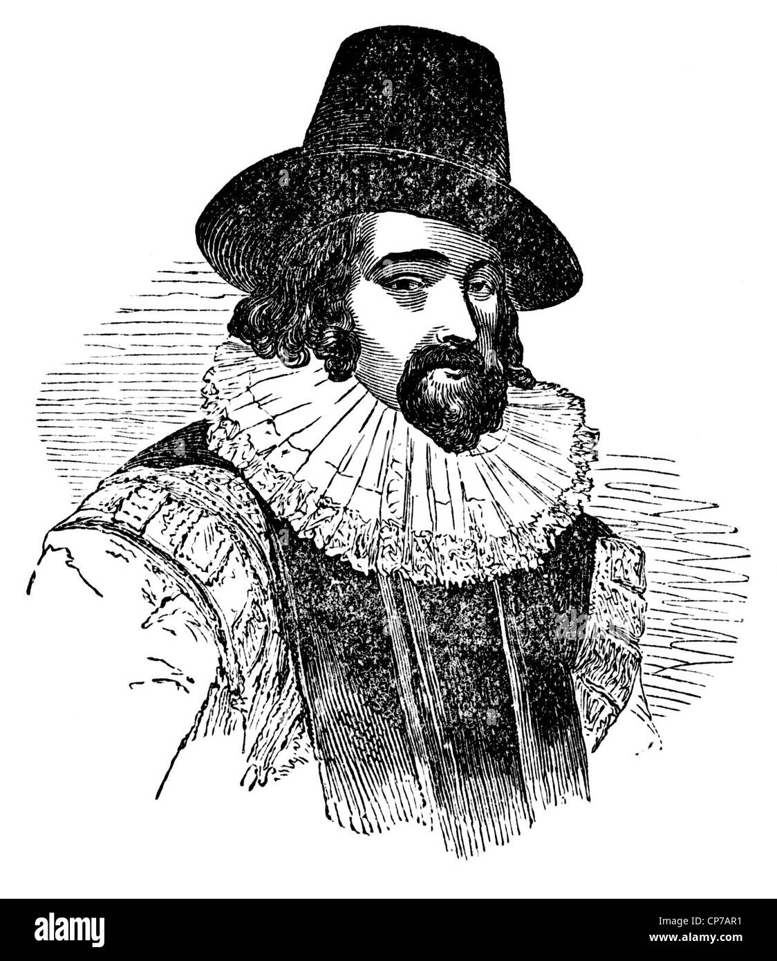 Gravur von Francis Bacon mit weißem Hintergrund. Francis Bacon, 1. Viscount St. Alban, war ein englischer Philosoph, Staatsmann Stockfoto
