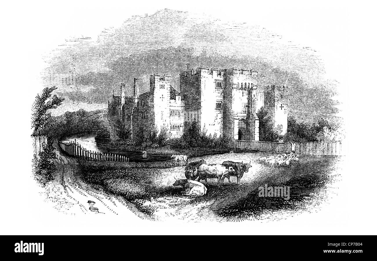 Kupferstich von Hever Castle, Kent, England. Dies war der angestammten Heimat von Anne Boleyn während der 1500. Stockfoto