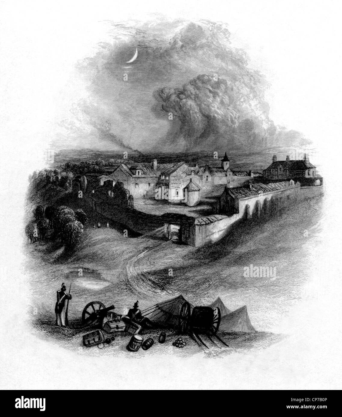 Vignette von Château von Hougoumont vor Schlacht von Waterloo, Belgien, gestochen von William Miller im Jahre 1840. Stockfoto