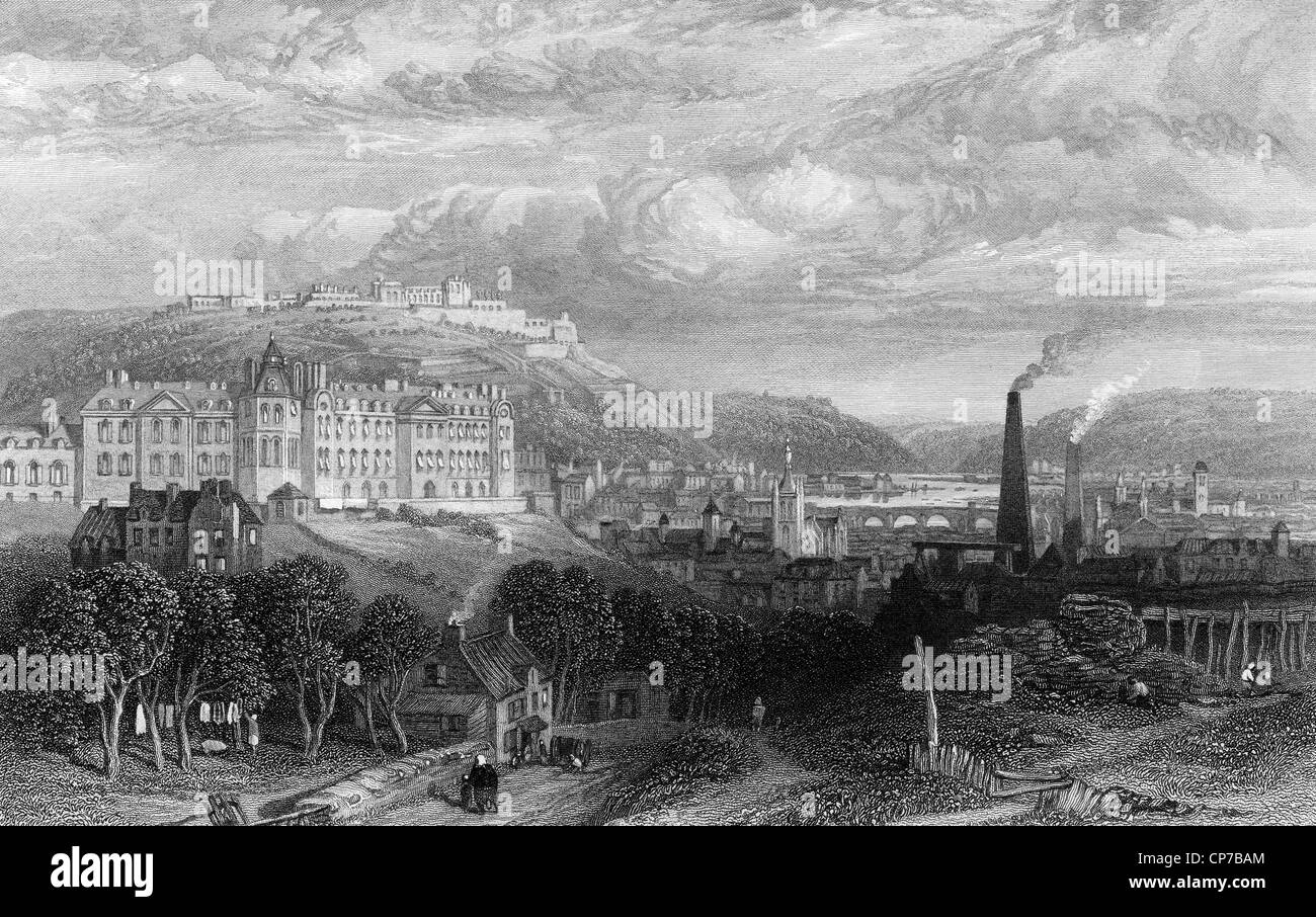 Malerische Aussicht auf die Stadt Lüttich, Belgien. Gestochen von William Miller im Jahre 1845. Stockfoto