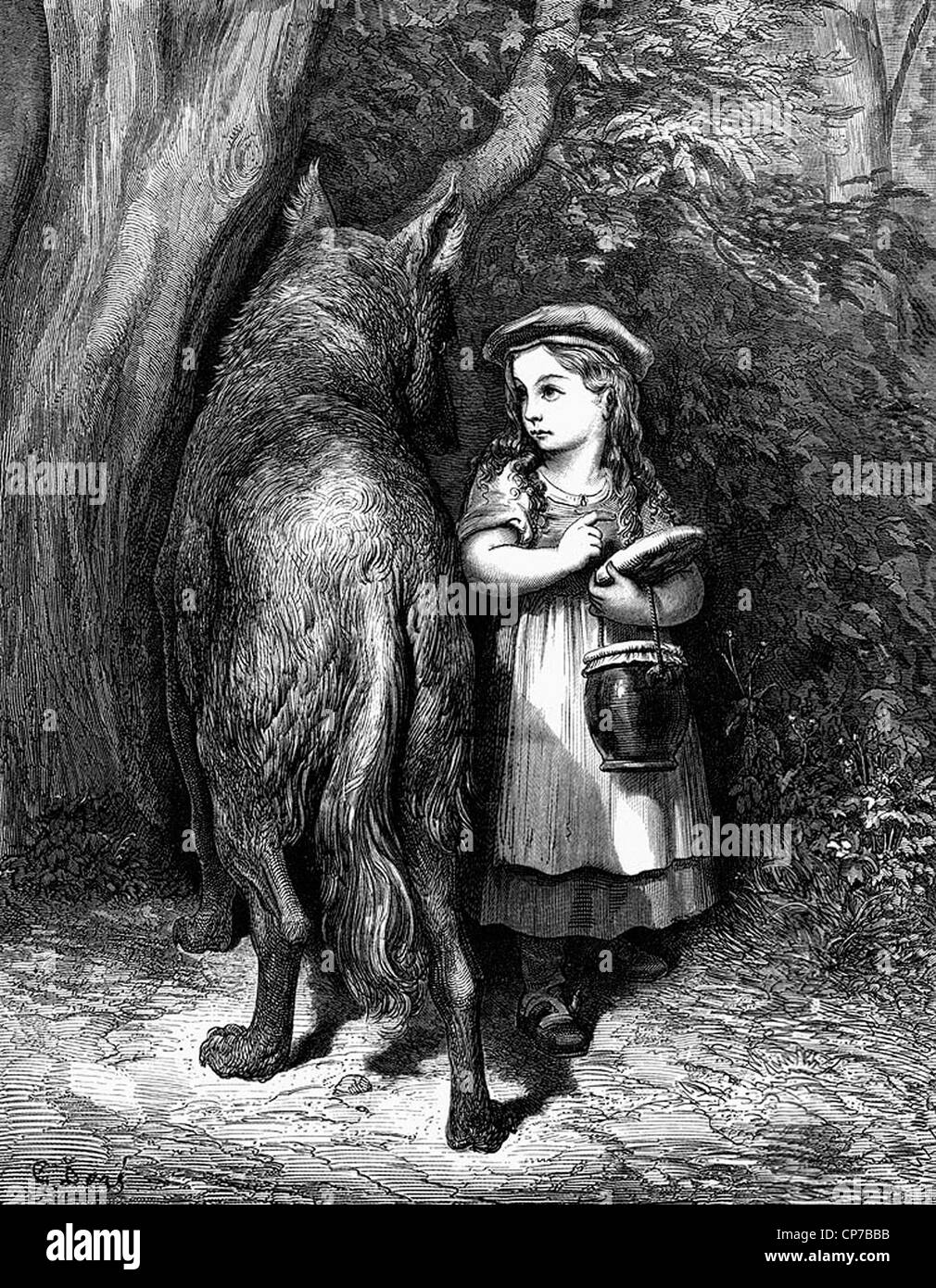 Holzschnitt-Gravur von Little Red Riding Hood im Wald mit bösen Wolf. Undatierte Originalgrafiken von Künstler Gustave Dore, 1832-1883. Stockfoto