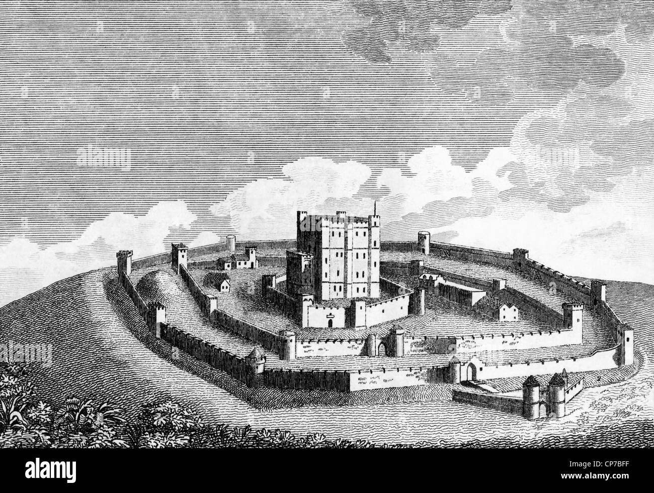 Erhöhte Ansicht der mittelalterlichen Burg am Hang. Stockfoto