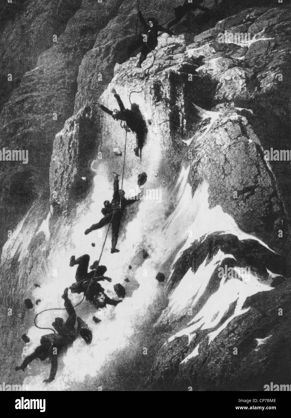 Katastrophenfall kurz nach der Erstbesteigung des Matterhorns, gezeichnet von Künstler Gustave Doré im Jahre 1865. Stockfoto