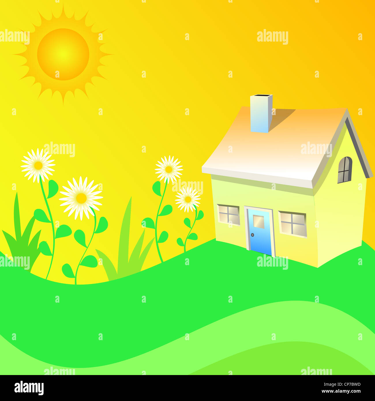 Sommersonne mit nach Hause und blühenden Garten illustration Stockfoto