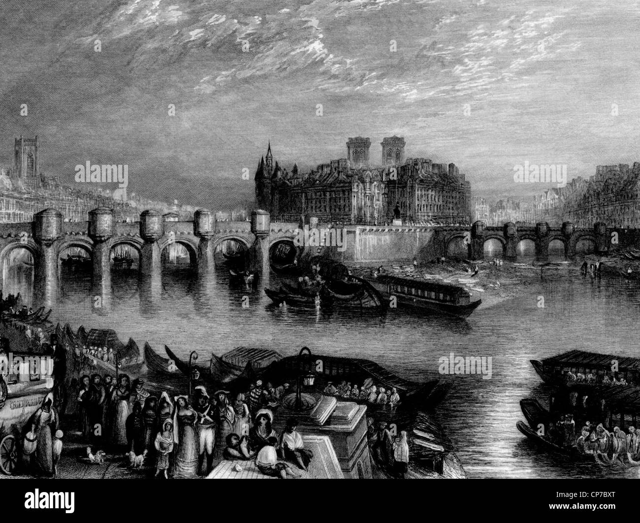 Pont-Neuf Brücke im Stadtzentrum von Paris. Kupferstich von William Miller Beweis. Stockfoto