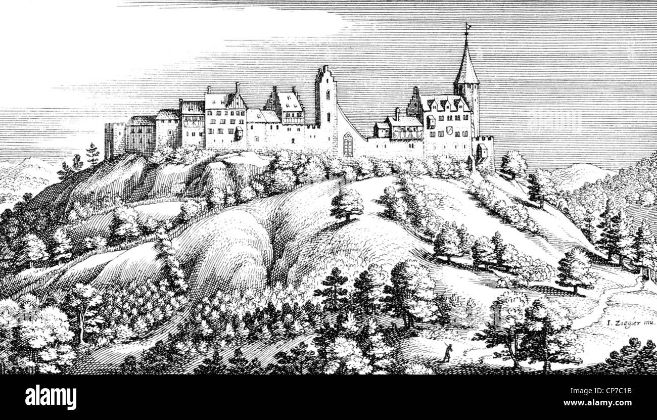 Befestigte Siedlung von Regensberg im Kanton Zürich. Gestochen von Matthäus Merian 1654. Public Domain Bild von vi Stockfoto