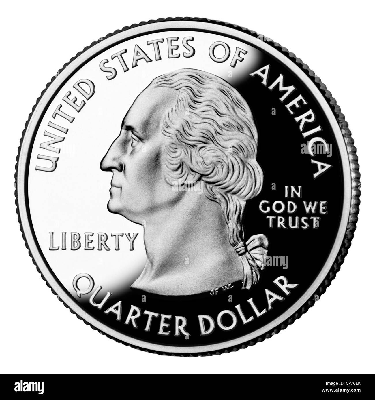 USA oder American Quarter Dollar isoliert auf weißem Hintergrund. Münze von Copyright als Design im öffentlichen Bereich befreit. Stockfoto