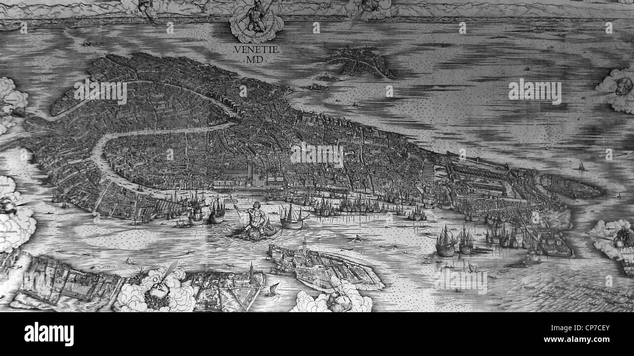 Luftaufnahme der Stadt Venedig, Veneto, Italien. Original Holzschnitt von Jacopo de' Barbari im Jahr 1500 mit dem Titel "Karte von Venedig". Stockfoto
