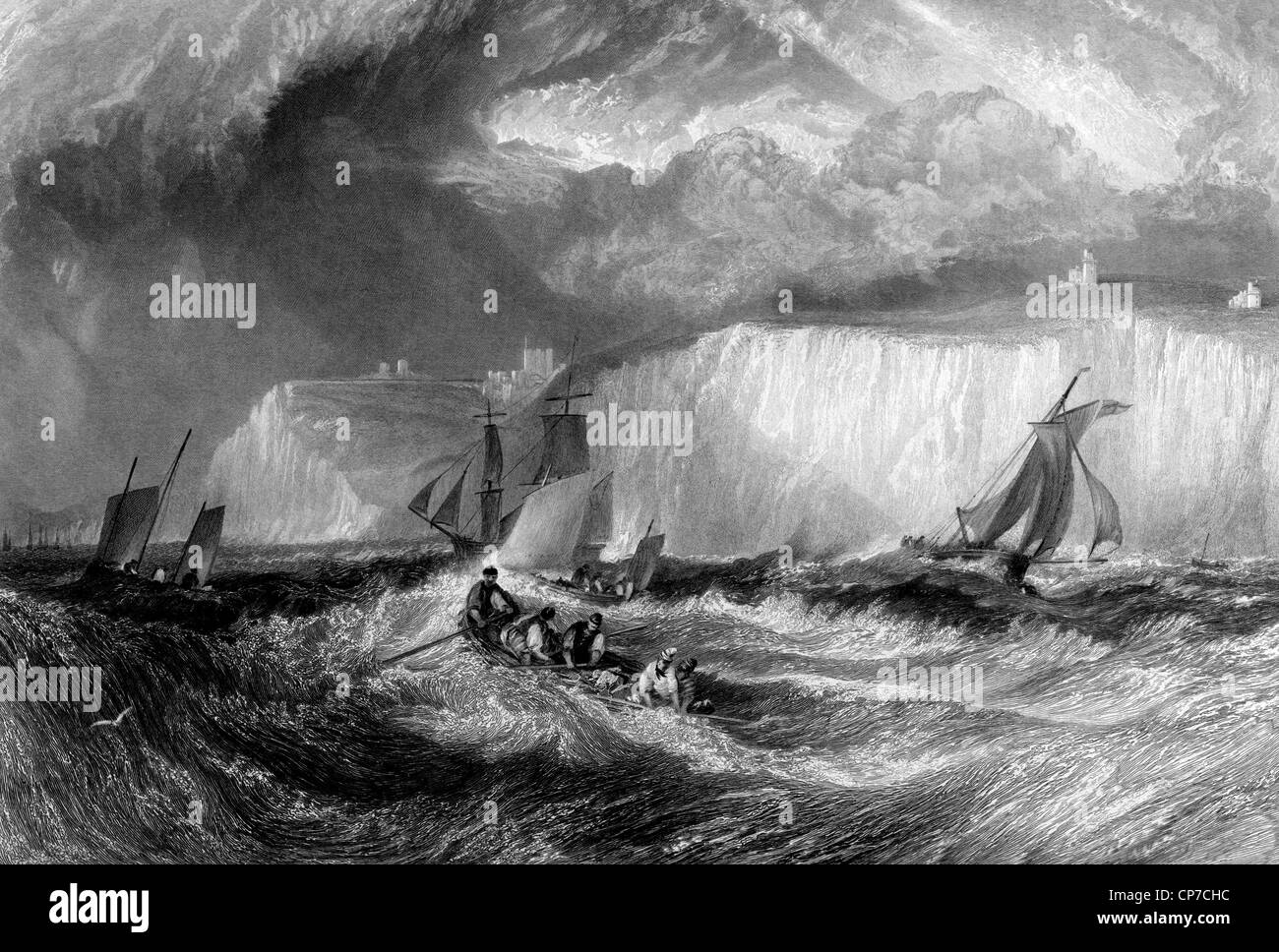 Segeln in rauer See mit weißen Klippen von Dover im Hintergrund, England. Gestochen von William Miller im Jahre 1838. Stockfoto