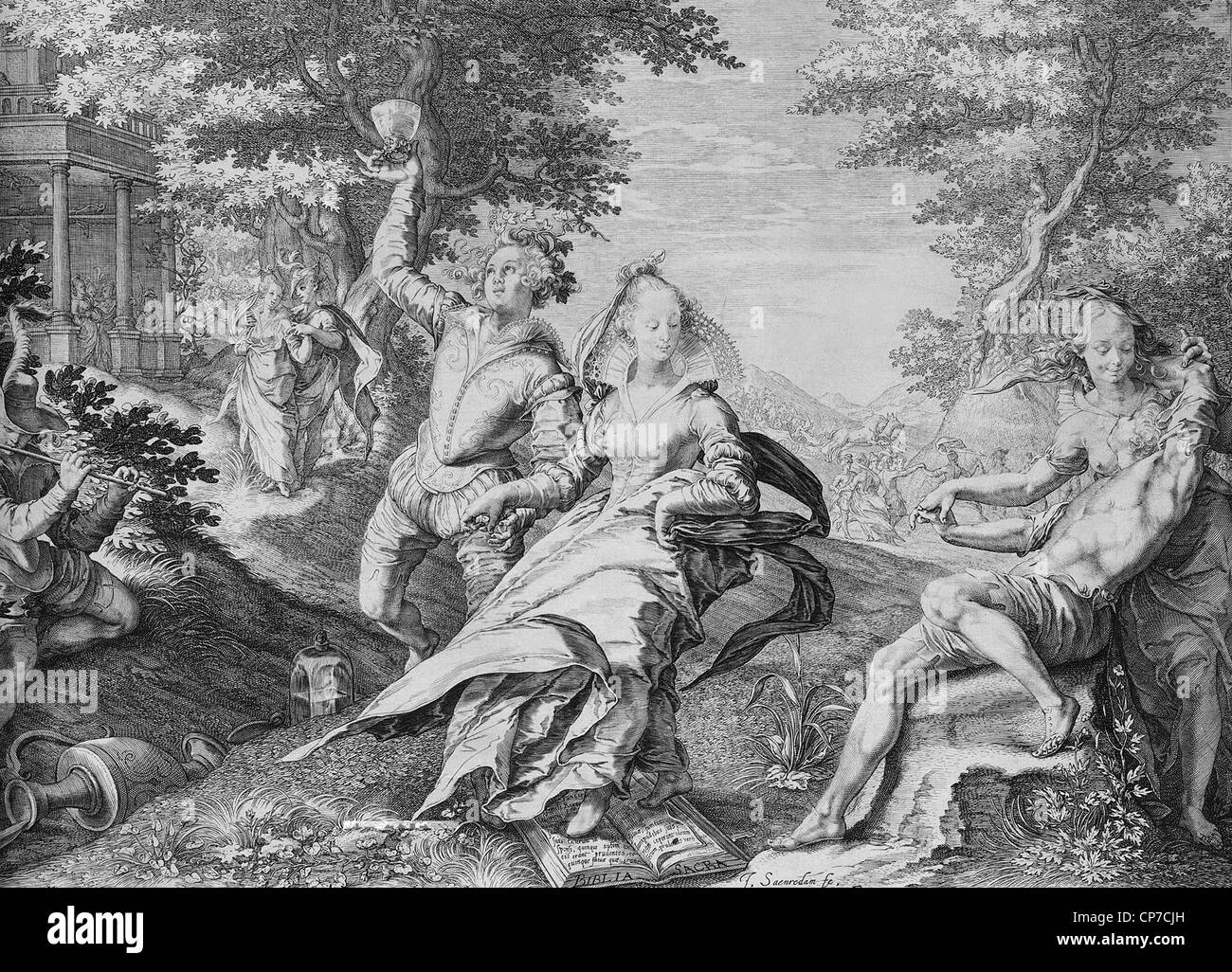 Bacchantischen Szene. Aus "Gleichnis vom klugen und törichten Jungfrauen des Künstlers Jan Saenredam zwischen 1601-1625. Stockfoto
