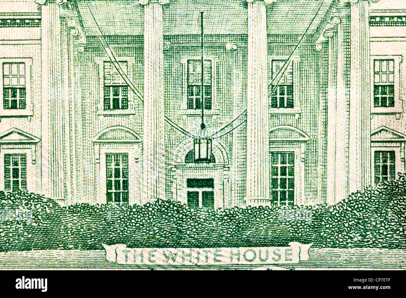 Makro des weißen Hauses auf Rückseite zwanzig Dollarnote. Stockfoto
