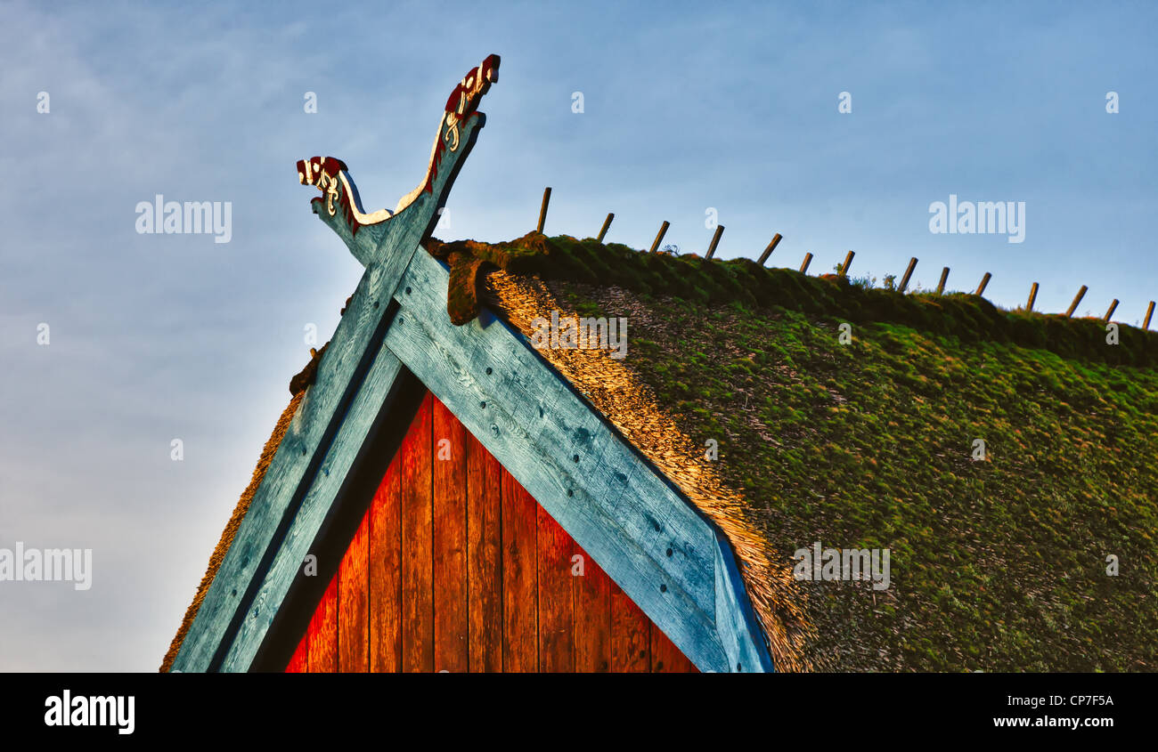 Urige alte Wikingerzeit Haus Hütte in Bork Dorf, Dernmark, detail Stockfoto