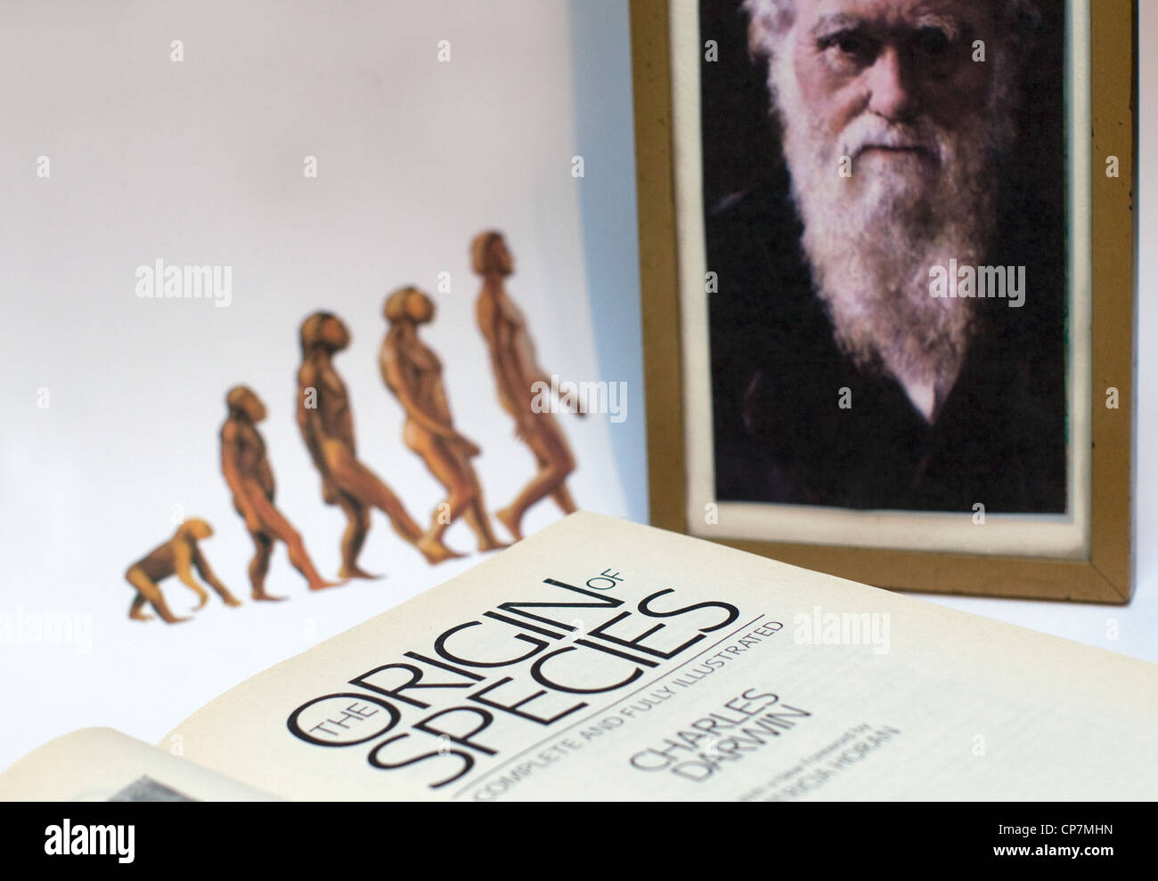 Porträt von Charles Darwin und seine bahnbrechenden Arbeiten The Origin of Species, London Stockfoto