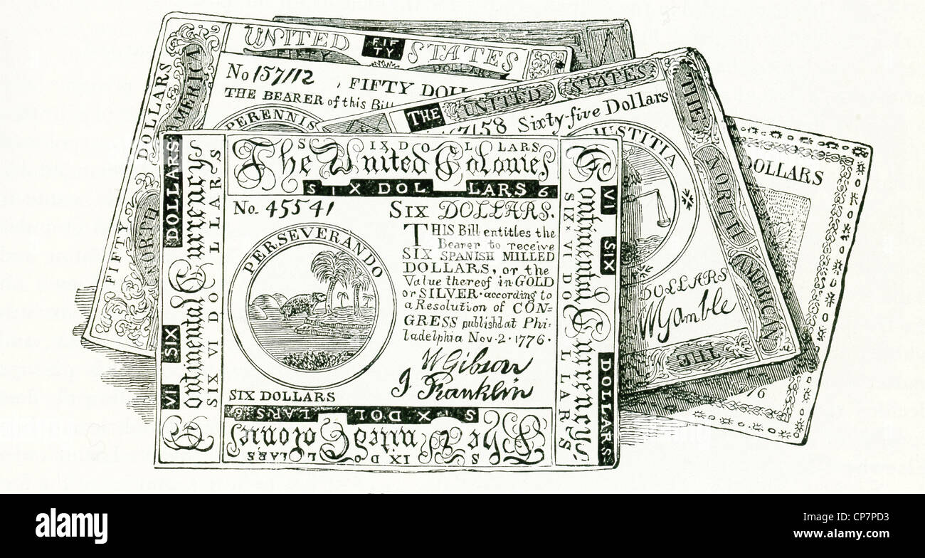 Während der amerikanischen Revolution ausgestellt im Kontinentalkongress Währung zu helfen, Zahlen für den Kriegseinsatz. Stockfoto