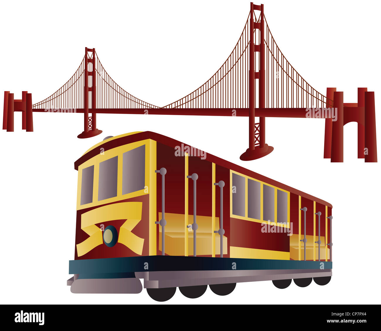 San Francisco Cable Cars Trolley und Golden Gate Bridge Illustration Stockfoto