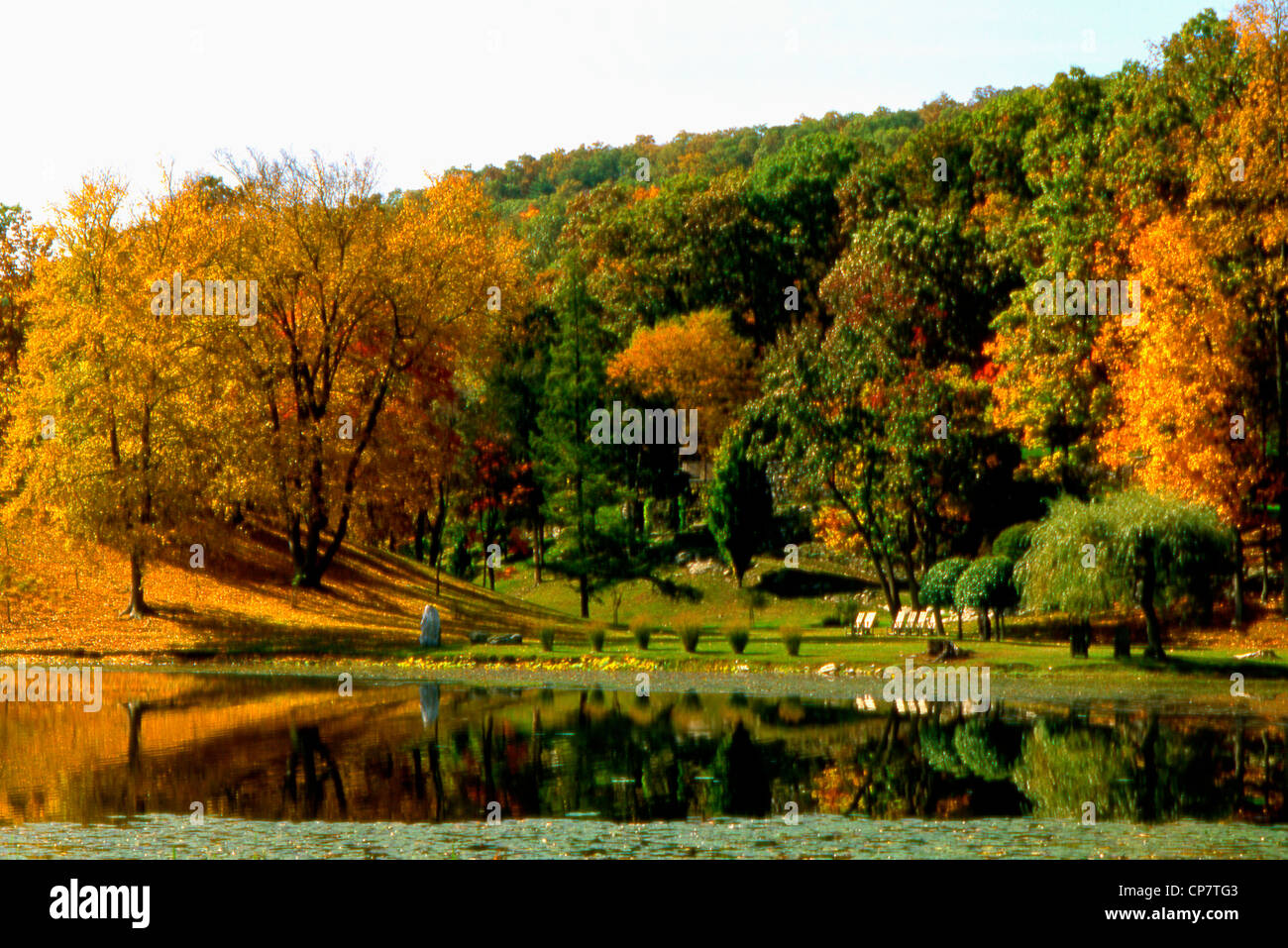 Bild von Herbstfarben und See Reflexionen an Innisfree Gärten, Millbrook, New York, USA Stockfoto