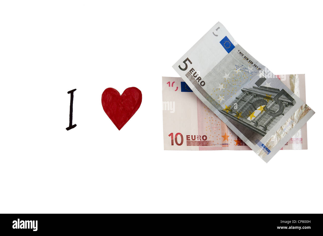 Ich liebe Geld, das Konzept der Euro-Banknoten Stockfoto