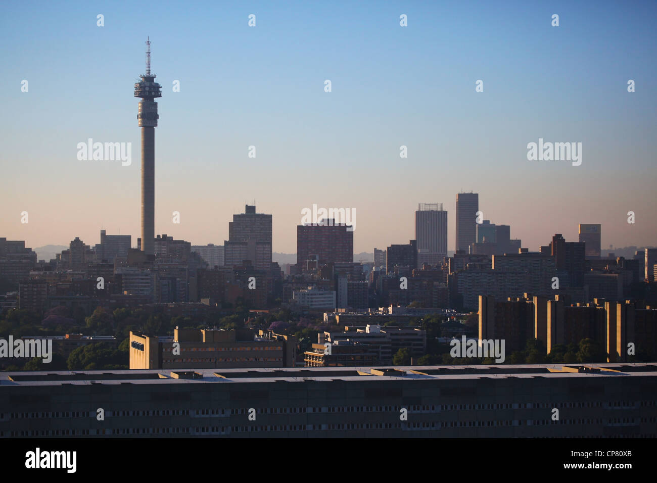 Skyline von Johannesburg, Telkom Turm im frühen Morgenlicht Stockfoto