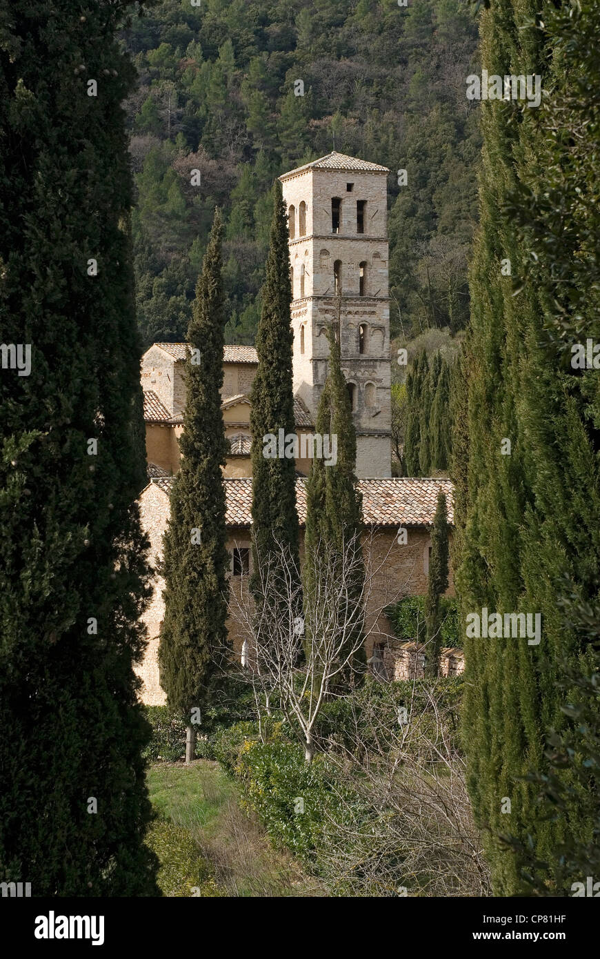 San Pietro in Valle Abtei. Ferentillo, Provinz Terni, Umbrien, Italien. Stockfoto