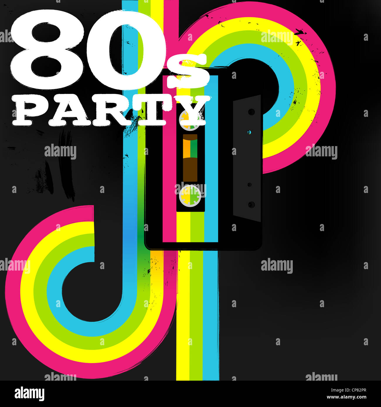 Retro-Poster - 80er Jahre Party Flyer mit Audio-Kassette Stockfoto