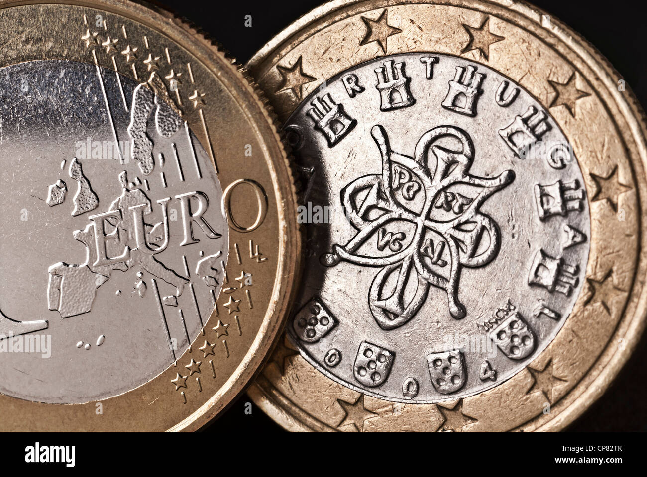 Vorder- und Rückseite einer portugiesischen € Münze in enger werden. Stockfoto
