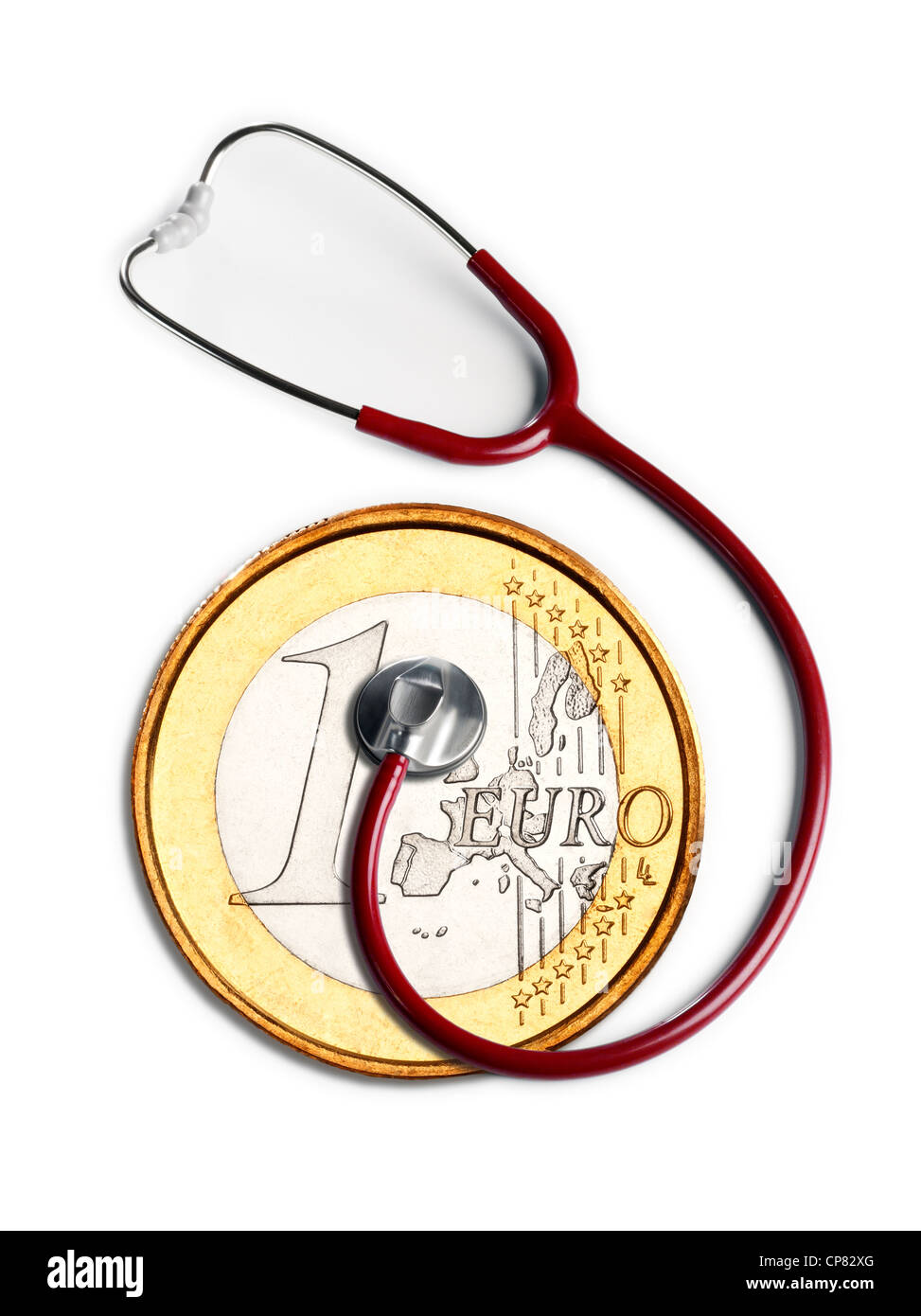 Euro-Münzen und Stethoskop. Stockfoto