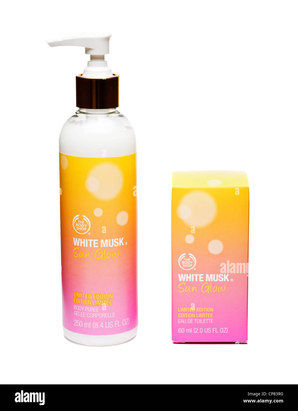 Body Shop-Produkte - weißer Moschus, Sun Glow Limited Edition, Feuchtigkeitscreme und Parfüm Stockfoto