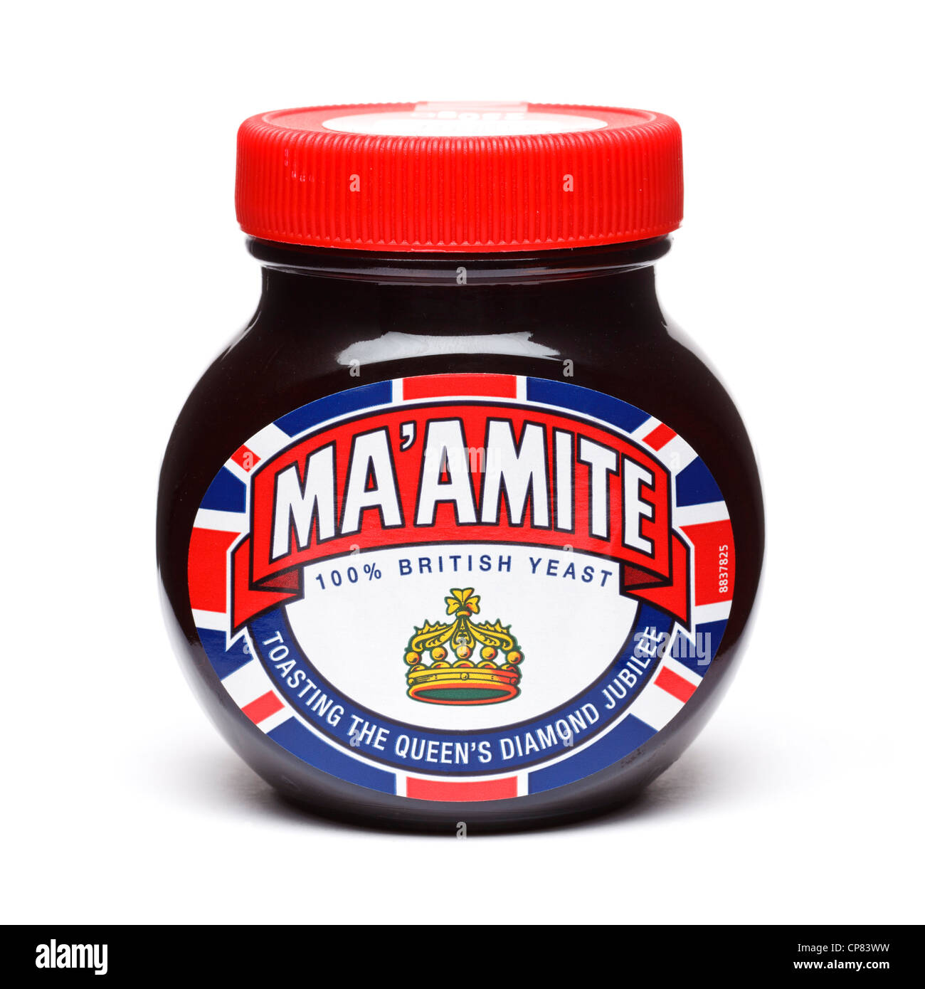 Limitierte Auflage Marmite Glas mit Union Jack-Label, die Queens-Diamant-Jubiläum zu feiern Stockfoto