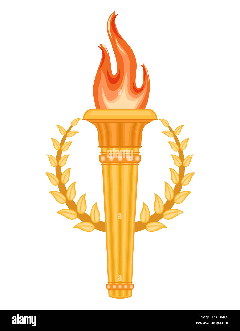Griechische Olympische Fackel mit Goldener Krone von Lorbeeren. Olympischen Spiele Spiele Symbol. Stockfoto