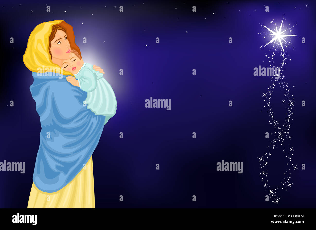 Weihnachten-religiöse Karte mit Jungfrau Maria und Jesuskind. Stockfoto
