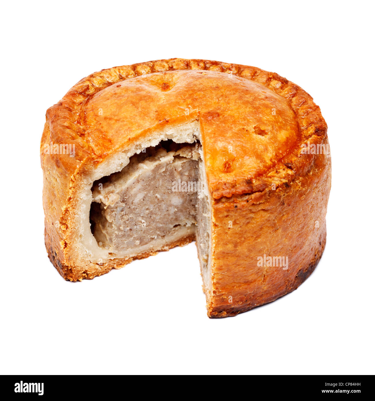 Pork Pie mit Scheibe ausschneiden Stockfoto