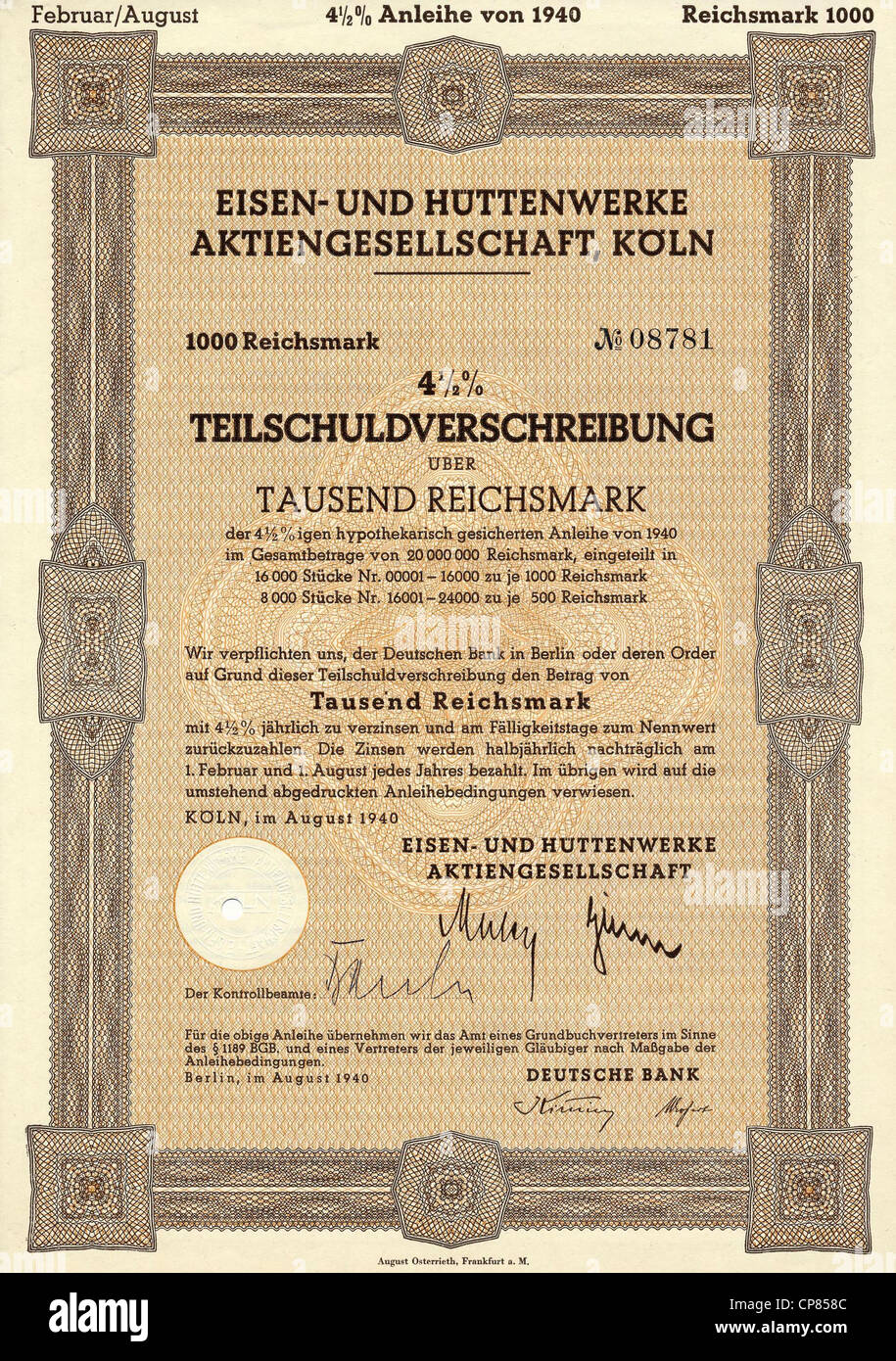 Historische Aktienzertifikat, Eisen-Und Huettenwerke Aktiengesellschaft, Köln, Stahlwerk, Obligation über 1000 Reichsmark, Stockfoto