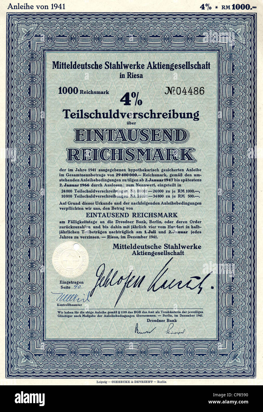 Historische Aktienzertifikat, Hersteller von Schienenfahrzeugen, Historische Aktie, mitteldeutschen Stahlwerke Aktiengesellsc Stockfoto