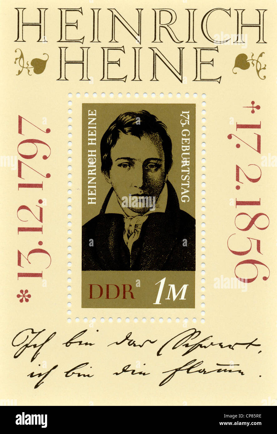 Historische Briefmarken, Historische Briefmarke der DDR, Heinrich Heine, DDR, Deutsche Volkskammerwahlen Republik, 1972 Stockfoto