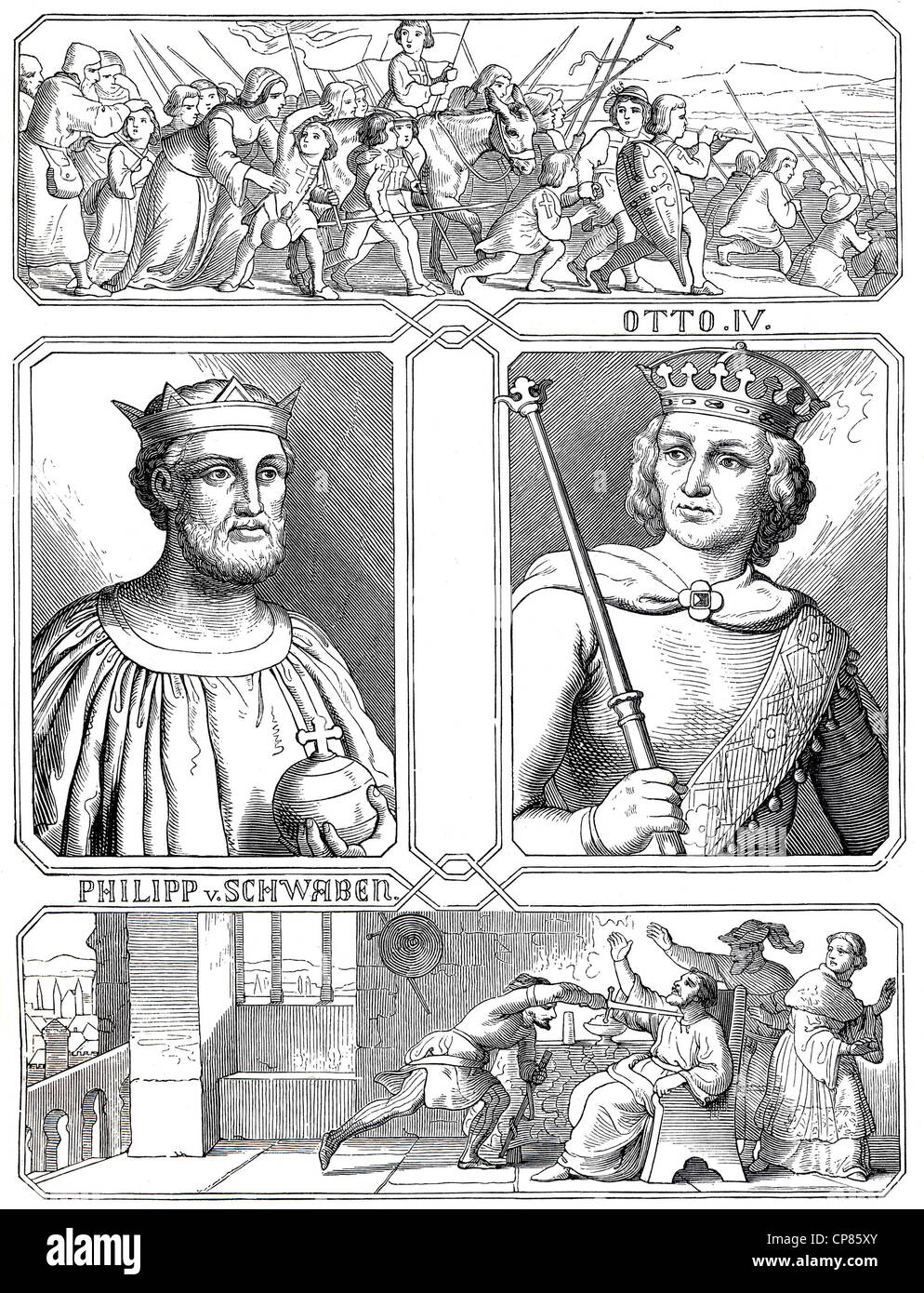 Otto IV von Braunschweig, 1175-1218, und die Ermordung von Philipp von Schwaben, 1177-1208, historische Abbildung, 19. Jahrhundert, Otto Stockfoto