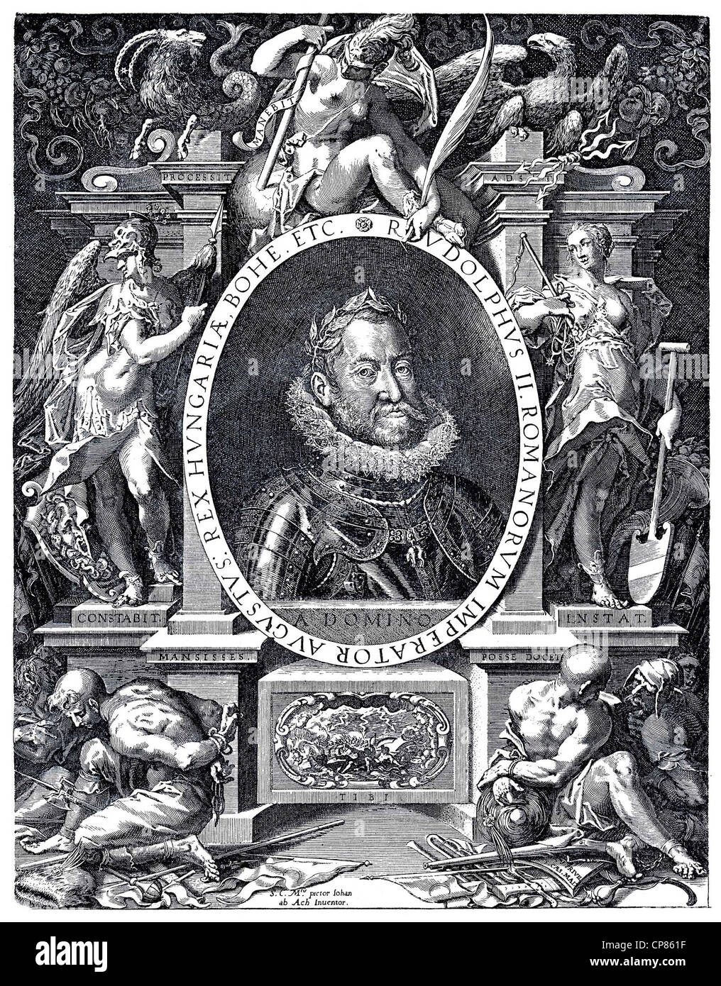 Allegorie der Herrschaft von Kaiser Rudolph II., 1552-1612, Kupfer Kupferstich von Egidius Sadeler aus dem 17. Jahrhundert, Kupferstich Stockfoto