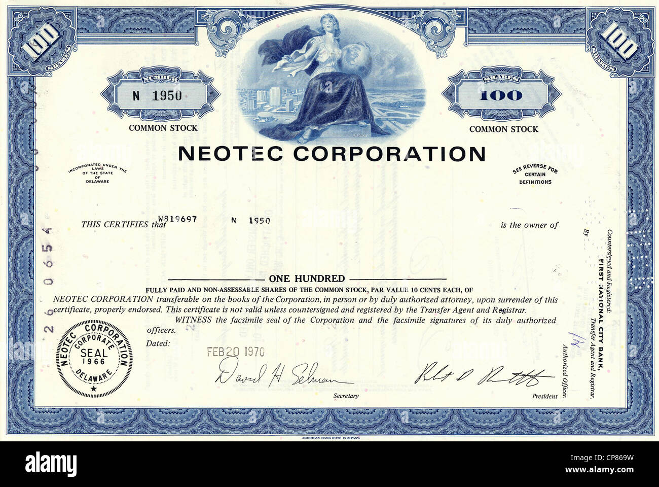 Historische Aktienzertifikat, Neotec Corporation, Infrarot-Technologie für Industrie und Landwirtschaft zu ernähren, Delaware, USA, 1970, Stockfoto