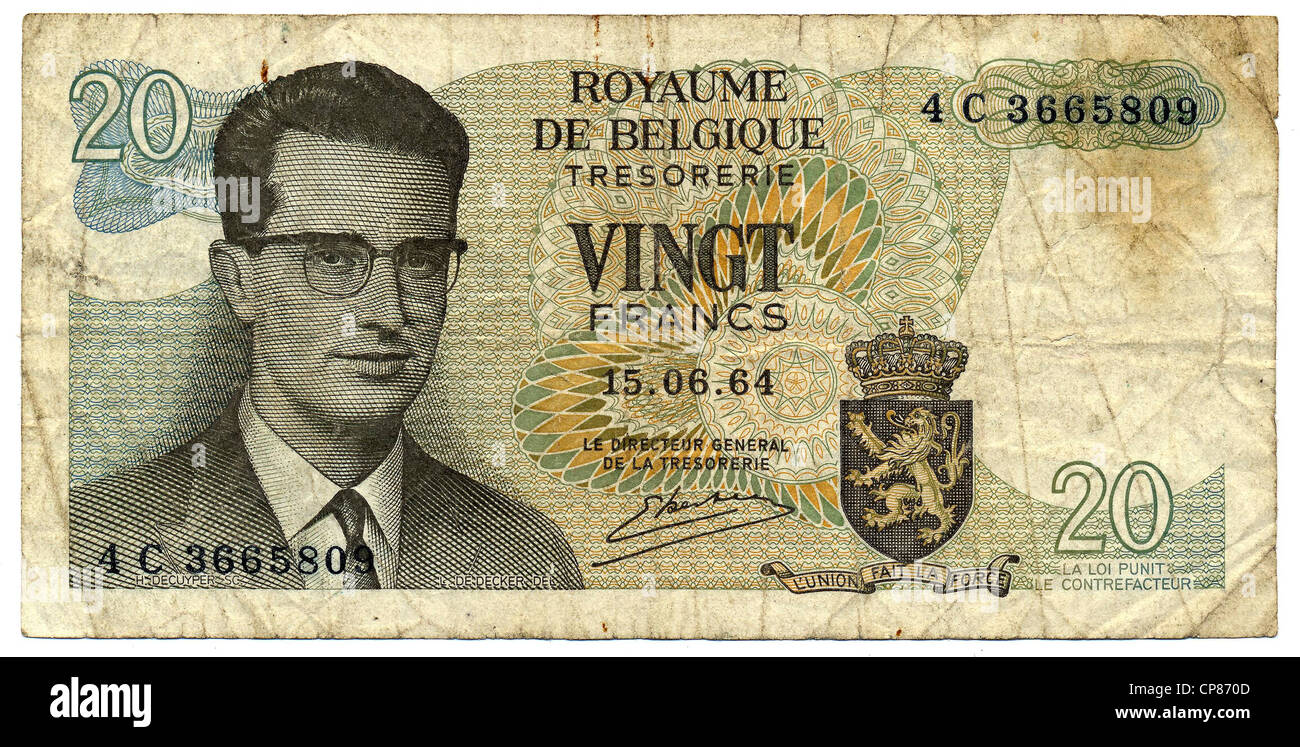 Banknote aus Belgien, 20 Franken Oder Franken, König Baudouin, 1964, Banknote aus Belgien, 20 Franken, König Baudouin Stockfoto